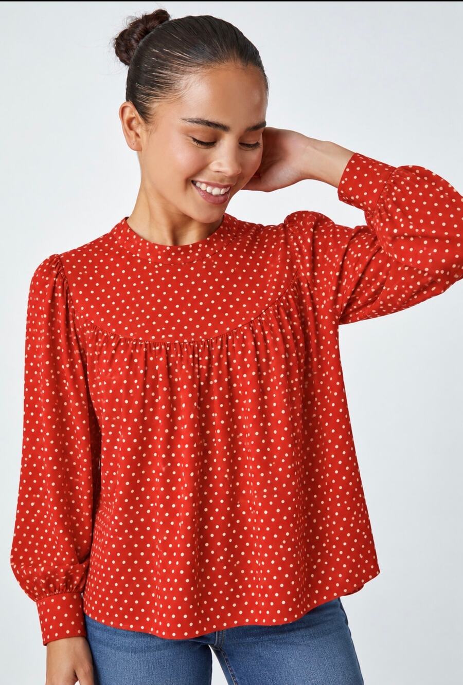 L.K. Bennett Mabyl Red Polka Dot Mock Neck Long Sleeve Blouse Size Medium